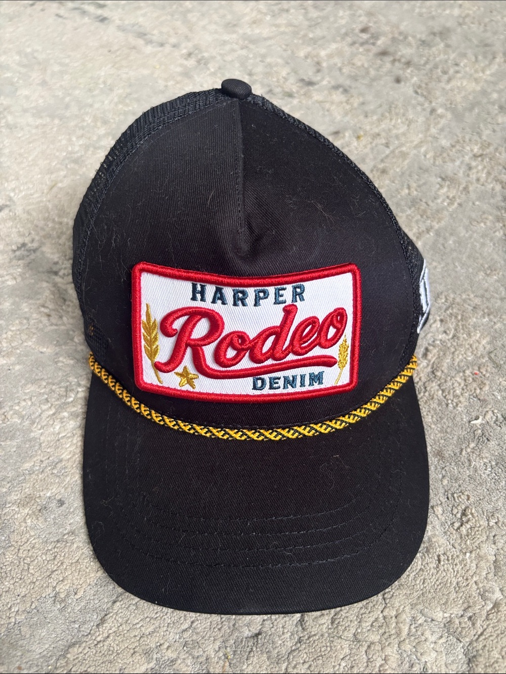 Harper Black Rodeo Denim Trucker Hat with Red Patch